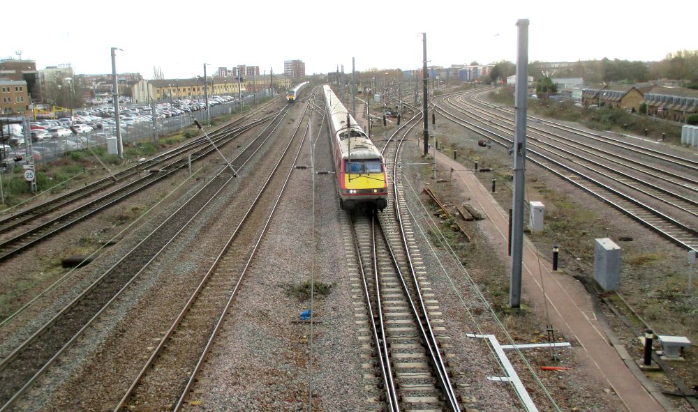 General view south from the Crescent Bridge, trainspotting at Peterborough, Jan 2020