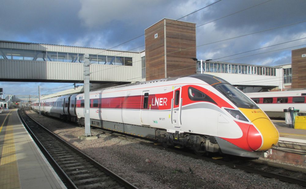TRAINSPOTTING Peterborough Station, Class 801 EMU train from Kings Cross with an LNER AZUMA service to Leed