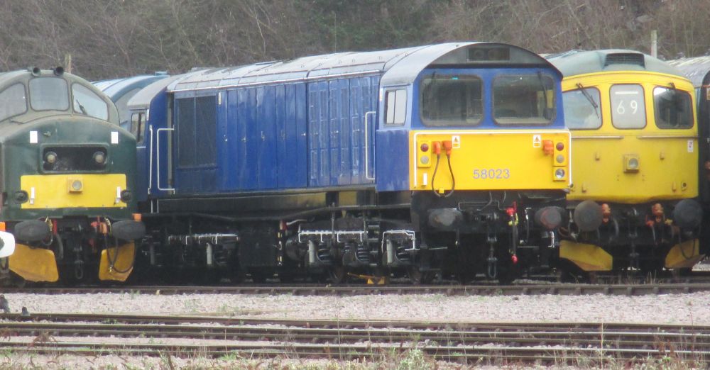 blue livery, Class 58 diesel locomotive 58023 in the yard of UK Rail Leasing Leicester (Feb2020)