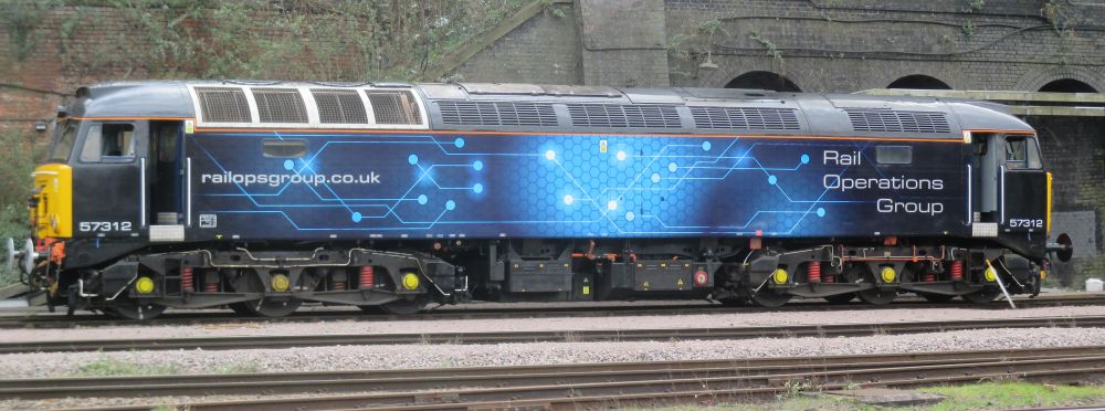 Rail Operations Group Class 57 (sub-class 57/3) diesel-electric locomotive 57312 in the yard of UK Rail Leasing, Leicetester (Feb 2020)