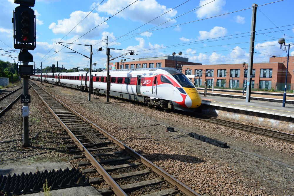 Azuma bi-mode Class 800 EMU 800108 leaving York Station with an Edinburgh - Kings Cross LNER service