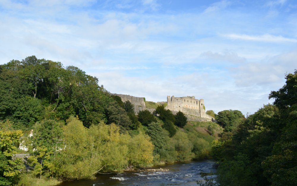 View of Richmond Castle from the historic road bridge over the River Swale