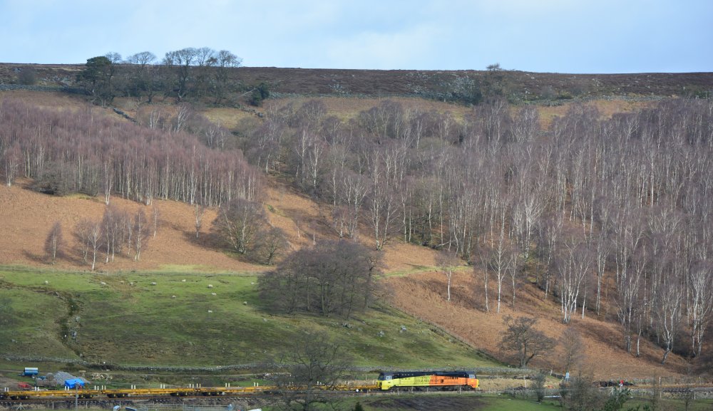 Class 70 diesel locomotive 70815 Relaying new track Network Rail Park Wood Castleton Moor station 2020 Esk Valley Line