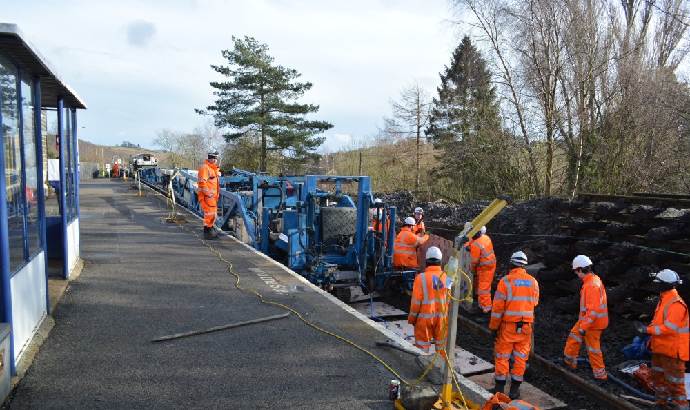 process of laying down the track at Castleton Moor Station Relaying new track Network Rail 2020 Esk Valley Line