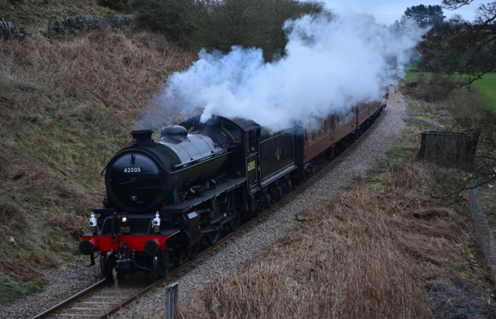 Steam locomotive K1 class 62005 approaching Castleton on the Esk valley Line with an NYMR steam train
