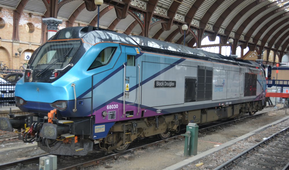 Class 68 diesel locomotive 68030 Black Douglas standing in York Station (August 2021) - used for TransPennine Express training runs to Scarborough
