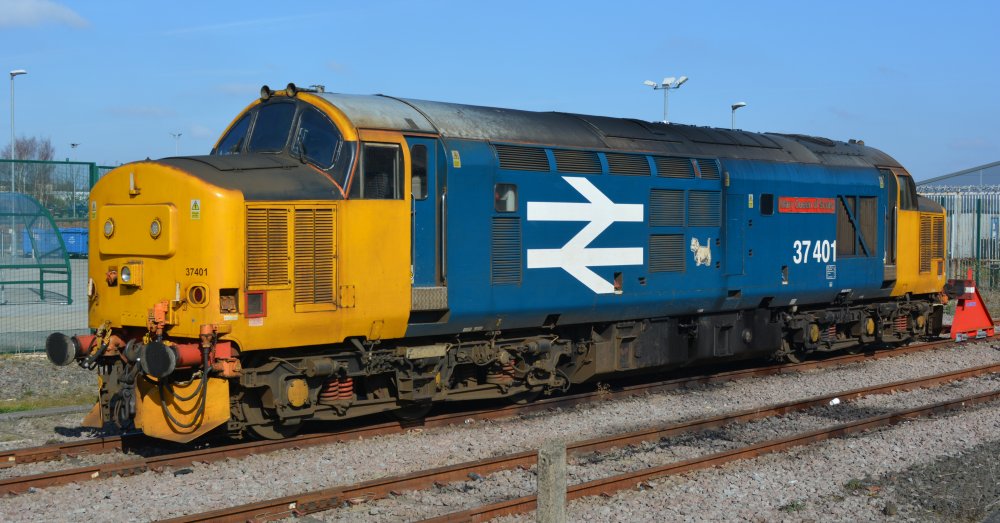 classic British Rail BR Blue livery, Class 37 diesel-electric 37401 named Mary Queen of Scots (originally D6968 then 37268) built by English Electric at the Vulcan Foundry Works in 1965.