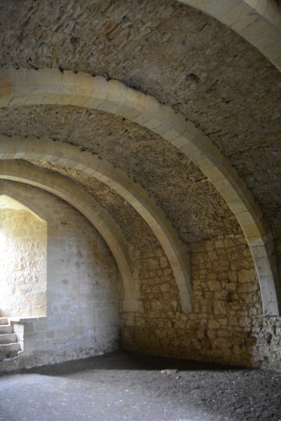 The entrance and view of the ribbed and splendid vault below the west tower of Helmsley Castle