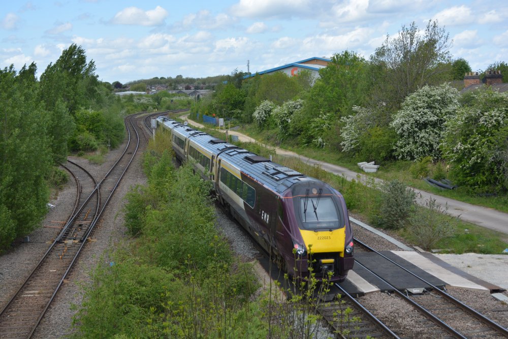 The rear of Class 220 express DMU 220023 with an EMR service from London t