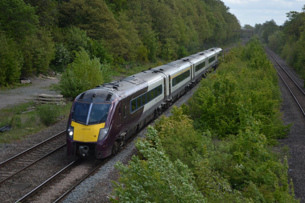 Class 180 express DMU 180109 with an EMR London to Nottingham service (May 10th 2022), approaching Blaby Road Bridge, Wigston, southwest of Leicester