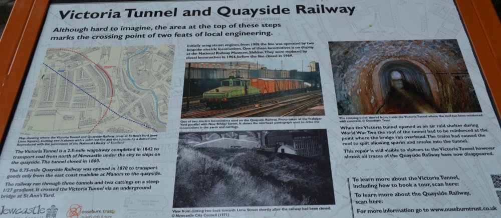 Information board on the Victoria Tunnel and the Riverside railway branch line in Ouseburn, Newcastle