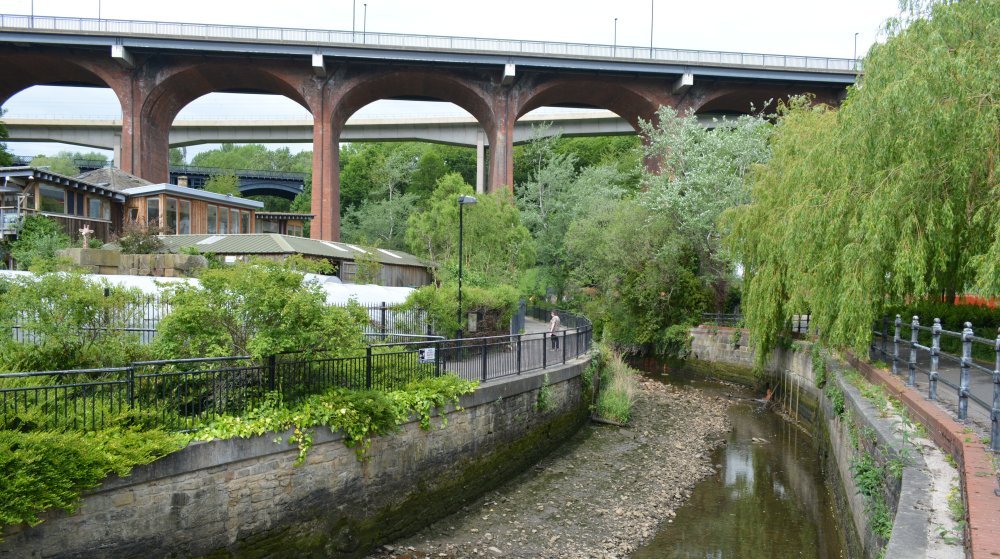 The Byker road bridge that carries the A193 road over the Ouseburn river valley (two railway bridges beyond) Newcastle-upon-Tyne