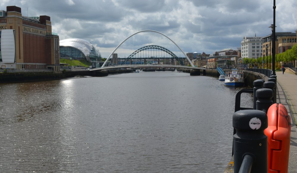 A view up the River Tyne towards the Baltic Arts Centre, the Sage and Tyne Bridges from near where the River Ouseburn enters the River Tyne.