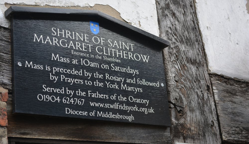 The plaque on the house of the Shrine of Saint Margaret Clitherow by the Shambles Market of York, England
