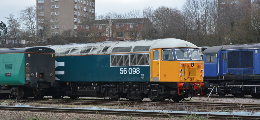 Class 56 locomotive 56098 Lost Boys 68-88 in British rail Blue and large British Rail logo at UK Rail Leasing Ltd depot yard, Leicester (looking a bit smarter February 2023).