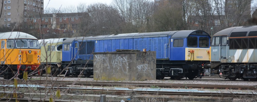 Class 58 diesel locomotive 58023 still at Leicester in February 2023