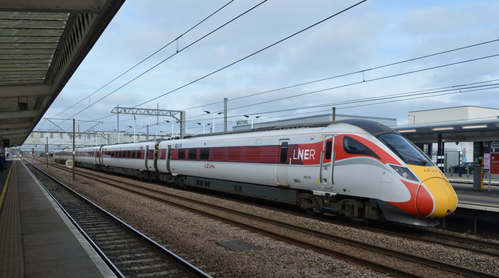 A bi-mode Class 800 train stopping at Peterborough Station with an LNER/Azuma service from Lincoln to London, Kings Cross (trainspotting February 2023) trainspotting Peterborough station