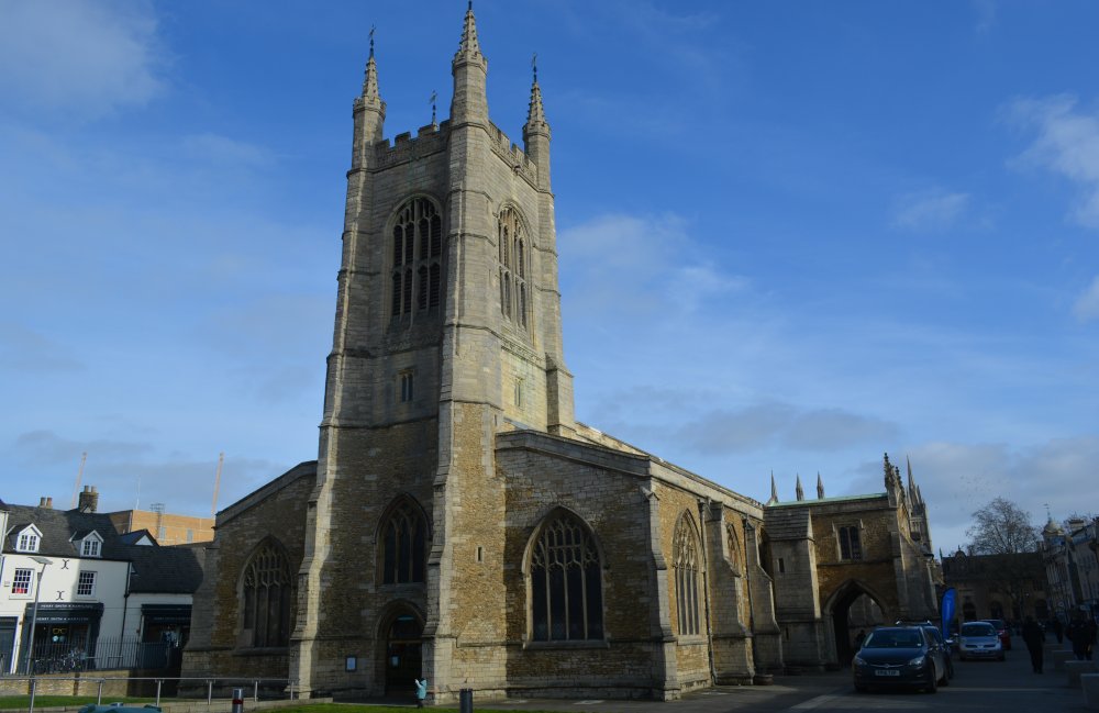 The west end profile and tower of St John the Baptist Church, in Cathedral Square, Peterborough