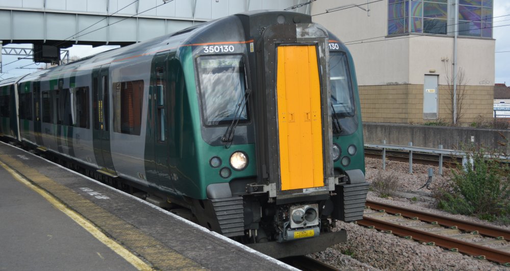 trainspotting Class 350 EMU unit stopping at Nuneaton station with a London Northwestern Railway service from Crewe to London Euston (March 2023)