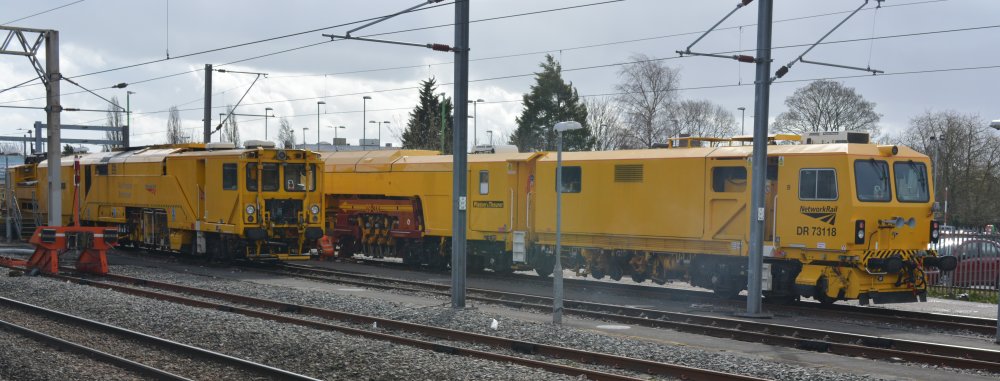 Track machines are often seen at Nuneaton station and 'park up' at the north-west end of the station beyond platform 1 (Trainspotting March 2023).