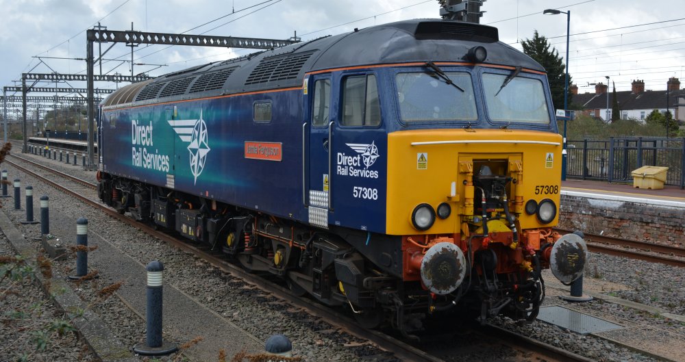 DRS Class 57 diesel locomotive 57308 Jamie Ferguson, at Rugby station, on West Coast Main Line 'Thunderbird' rescue duty (March 2023)