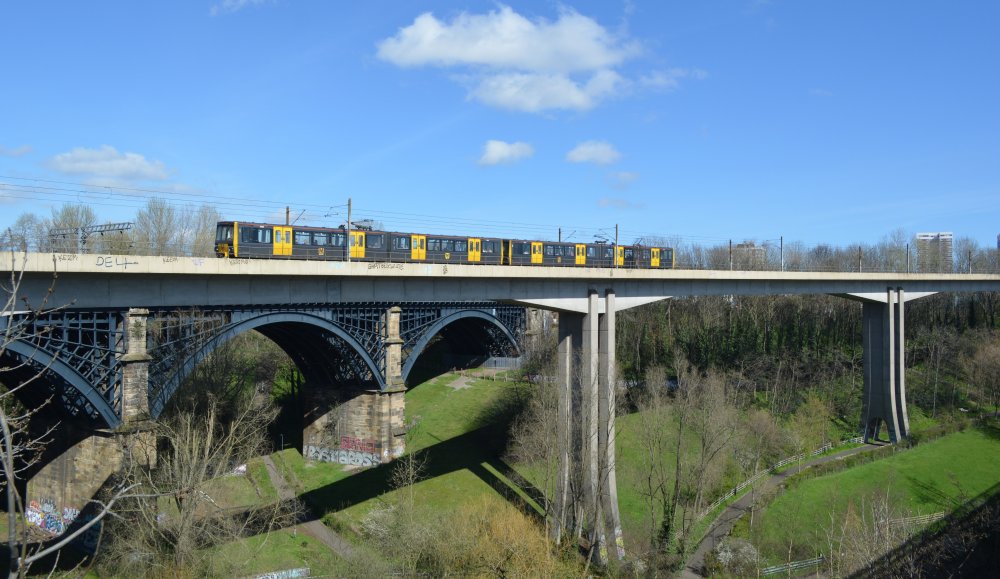 A METRO train passing over the Byker Viaduct.