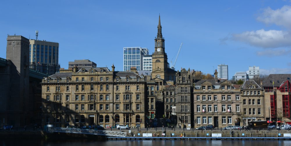 The spire of the 18th century grade 1 listed building of All Saints Church on City Road, Newcastle.