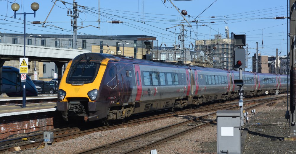 Class 221 DEMU Super Voyager (DMU 221123) train entering Newcastle Station with a CrossCountry service from Edinburgh to Plymouth (April 2023)