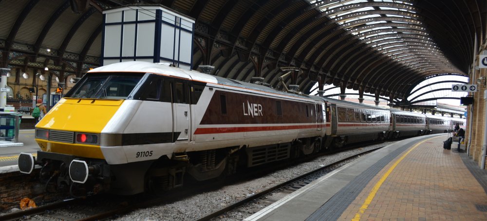 Trainspotting a Class 91 electric locomotive on Platform 3 York Station working an LNER service from Edinburgh to Kings Cross