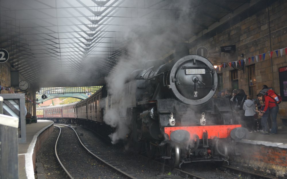 BR standard 2-6-4T tank engine 80136 running as 80116 in Pickering station on the NYMR heritage railway (Oct 2023) 80116 was one of the last BR steam locomotives to work on the Whitby - Pickering line in the 1960s.