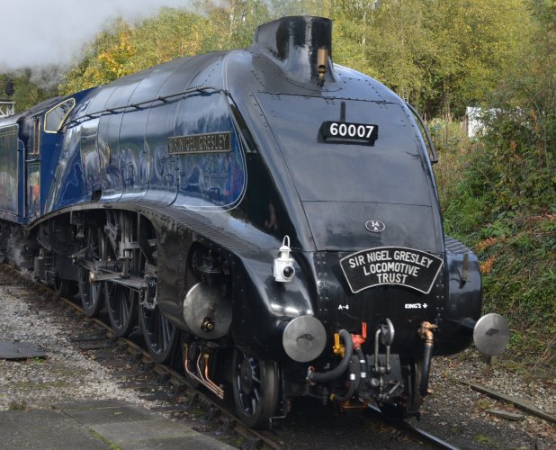 Great to see A4 Pacific 60007 SIR NIGEL GRESLEY back on the NYMR at Grosmont (October 2023) The head-board reads SIR NIGEL GRESLEY LOCOMOTIVE TRUST Carrying the shed code 34A Kings Cross