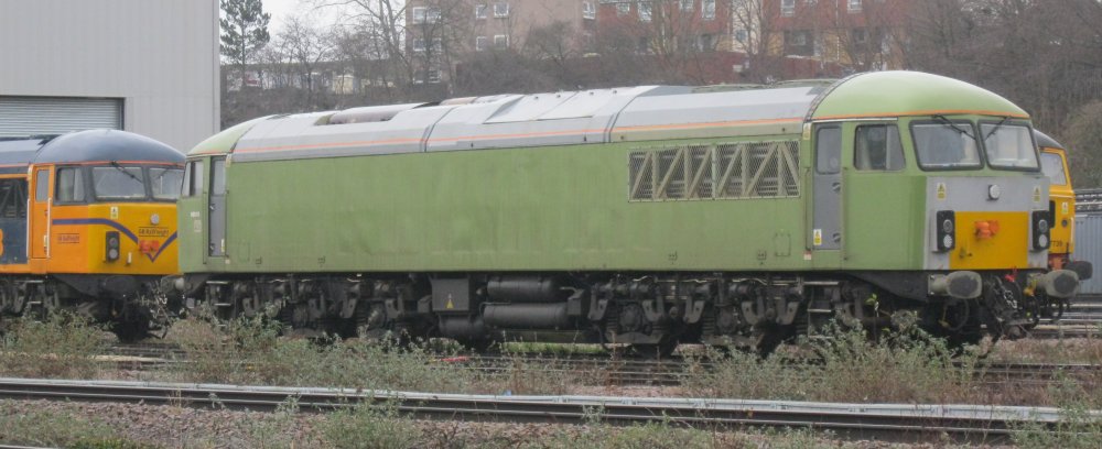 Class 69 diesel locomotive 69010 in unbranded dark green livery, at UK Rail Leasing Leicester Depot (Jan 2024).
