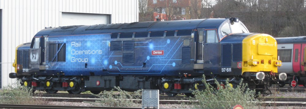 Class 37 diesel  locomotive 37611 Denise in ROG blue livery, in the yard of UK Rail Leasing (Jan 2024)