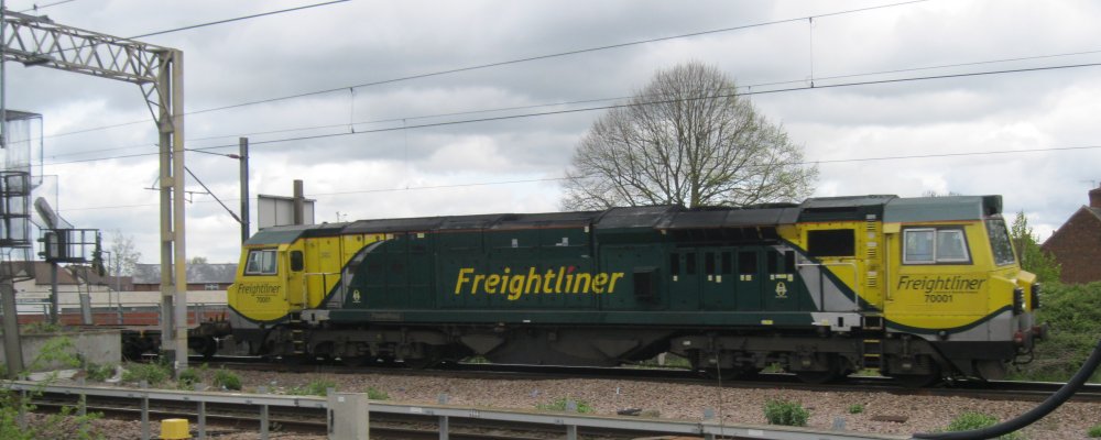 First in the class, Class 70 diesel locomotive 70001, transferring empty intermodal wagons from Lawley Street Birmingham to Southampton docks