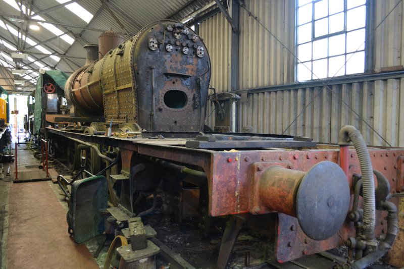 The exposed boiler of Lambton tank engine No. 5 in the workshops of the NYMR at Grosmont (May 2024)