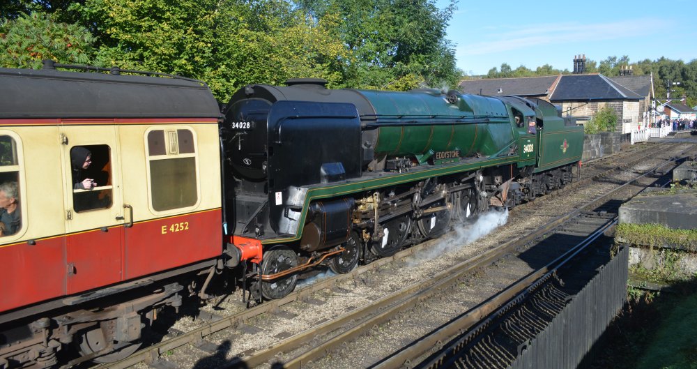 Steam locomotive 34028 EDDYSTONE entering Grosmont station (NYMR steam gala Autumn 2024) 34028 EDDYSTONE West Country Class Southern Region