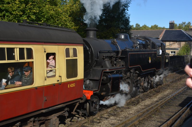 Departing from Grosmont, locomotive 80136 backing-tailing an NYMR train to Pickering (Autumn steam gala 2024)