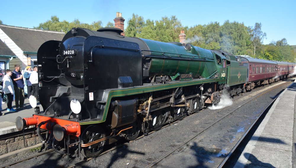 Steam locomotive 34028 EDDYSTONE waiting to leave Grosmont with an NYMR service to Pickering  (NYMR steam gala Autumn 2024) 34028 EDDYSTONE West Country Class Southern Region