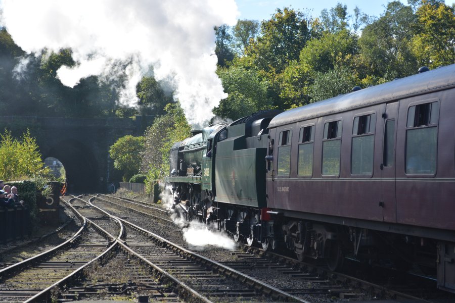 34028 EDDYSTONE departs for the tunnel south of Grosmont station with an NYMR service for Pickering (NYMR steam gala Autumn 2024) 34028 EDDYSTONE West Country Class Southern Region