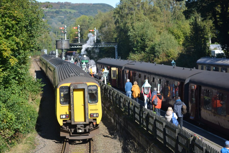 On the Esk Valley line 3-car Class 156 DMU unit 156491 arriving at Grosmont station with a Northern Rail service from Whitby to Middlesbrough (NYMR autumn steam gala 2024)