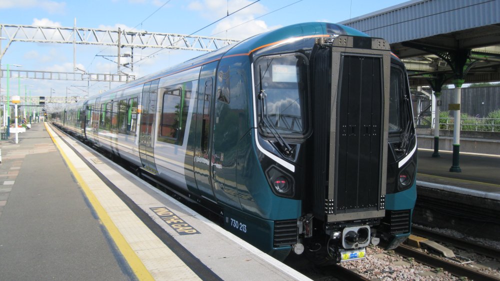 Class 730/2 electric multiple unit Class 730 730213 on a Nuneaton to Crewe test run, London Northwestern Railway livery (Nuneaton station, May 2024)