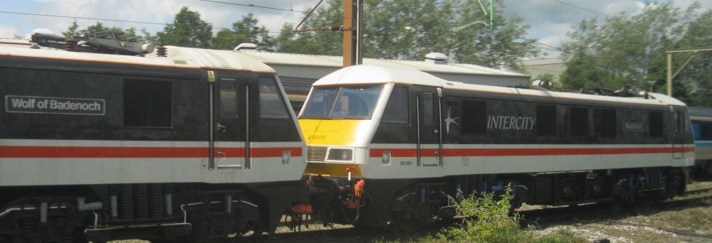 British Rail Class 90 electric locomotive 90001 Royal Scot, InterCity Swallow livery (Crewe, May 2024)