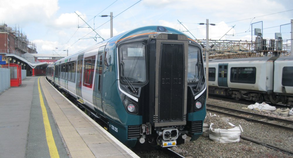 Class 730/2 electric multiple unit Class730 730225 on a Crewe to Nuneaton test run, London Northwestern Railway livery (Crew station, May 2024)