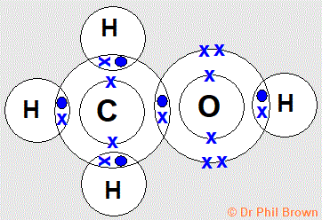 full Lewis dot and cross diagram for methanol molecule showing inner shell electrons of carbon and oxygen