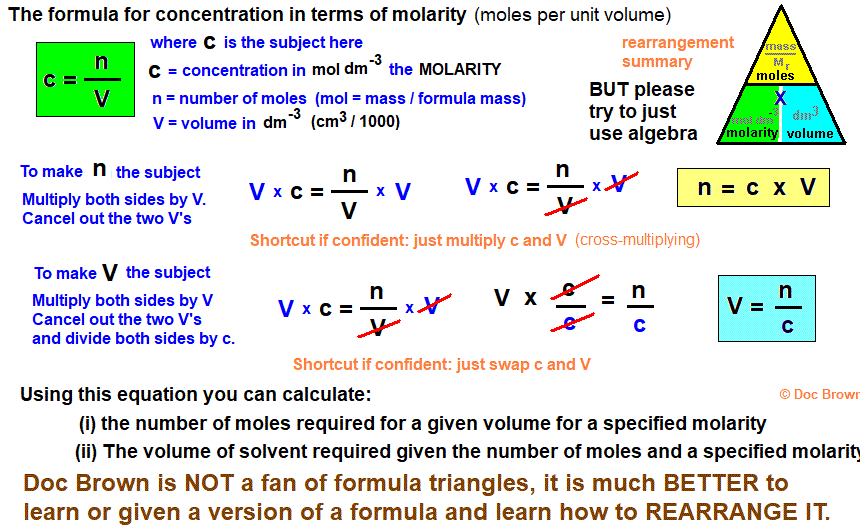 formula for molarity concentration how to calculate it and rearrange the formula mol/dm3 practice questions on molarity
