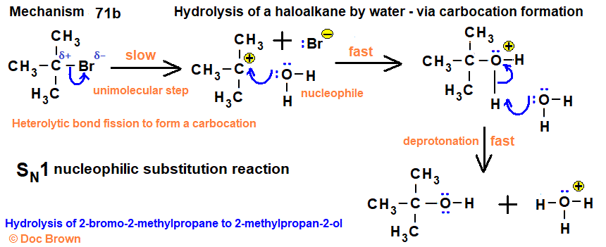 SN1 mechanism hydrolysis of 2-bromo-2-methylpropane with water tertiary halogenoalkane carbocation intermediate advanced organic chemistry notes doc brown