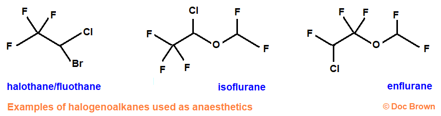 anaesthetics halothane isoflurane enflurane molecular structure skeletal formula boiling point molecular mass advanced A level organic chemistry doc brown