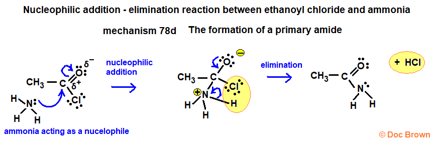 Nucleophilic addition elimination mechanism for reaction of ammonia with ethanoyl chloride ethanamide product steps advanced organic chemistry