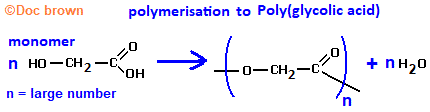 polymerisation of glycolic acid 2-hydroxyethanoic acid to poly(glycolic acid) poly(2-hydroxyethanoic acid) equation products molecular structure structural formula
