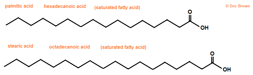 molecular structure skeletal formula palmitic acid hexadecanoic acid stearic acid octadecanoic acid saturated fatty acids